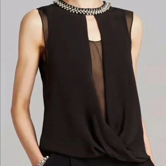 Rebecca Taylor Black Sleeveless Silk  Blouse With Rhinestone Collar, size 12 - Picture 1 of 12